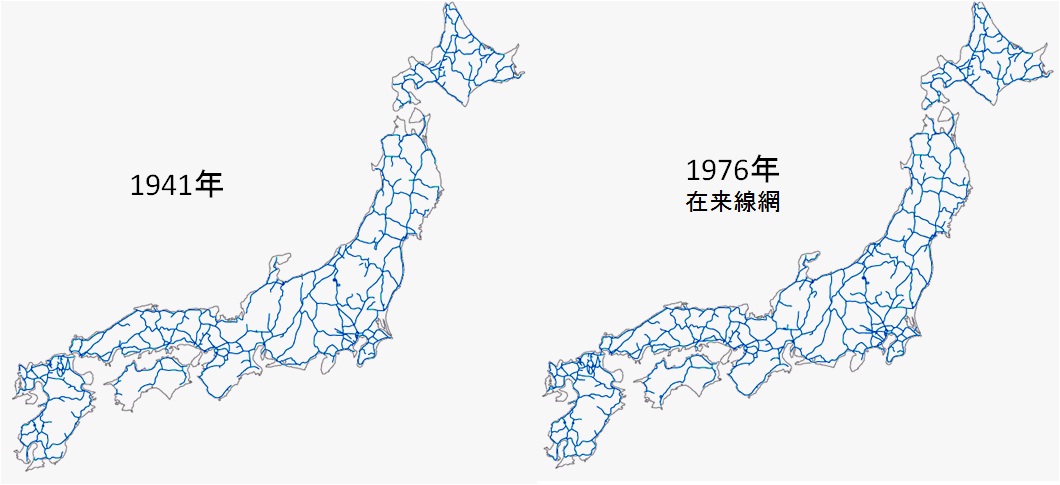 1940年当時と現在の在来線路網